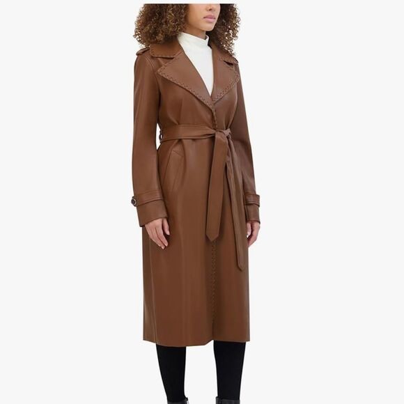 NWT Kenneth Cole Faux Leather Belted Trench Coat In Cognac SP - Picture 3 of 12